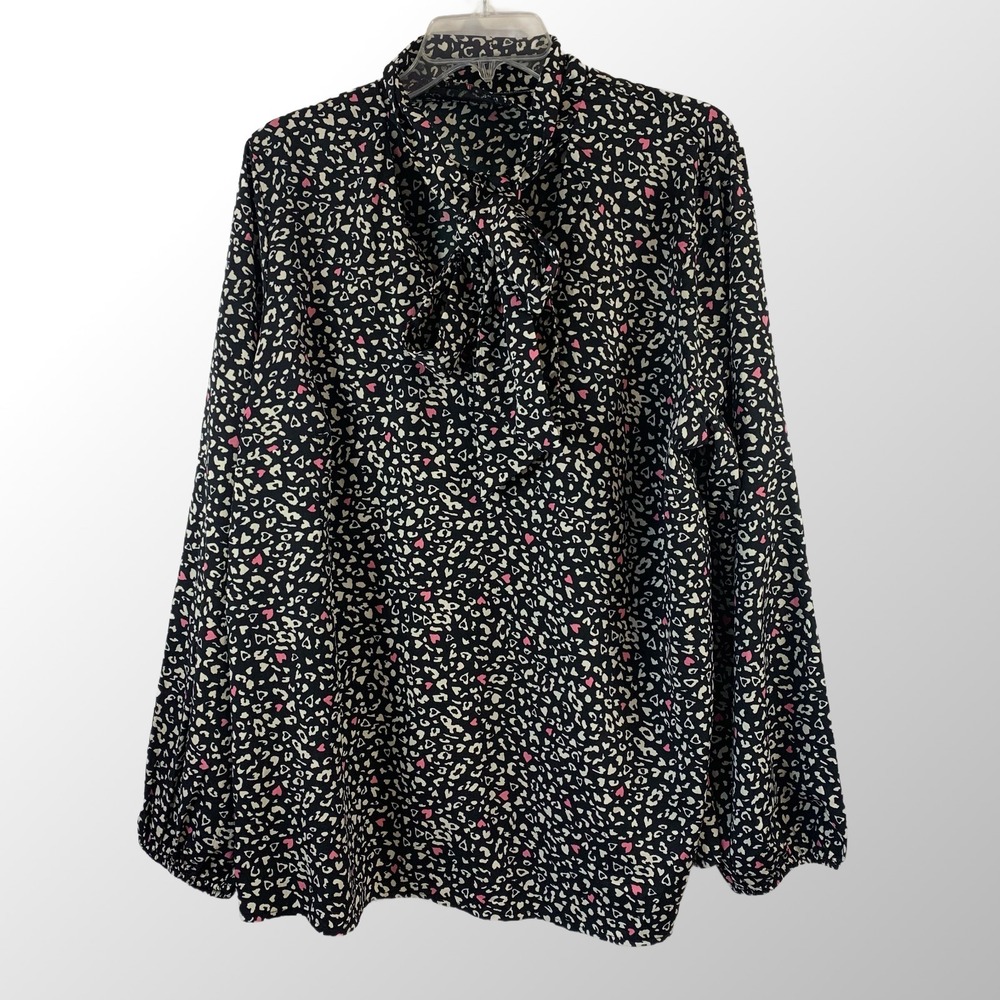 Simply Be Heart Animal Print Secretary Bow Blouse  Plus Size 2X US 18 Tie Neck